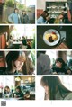 A series of photos of a woman sitting at a table eating food.