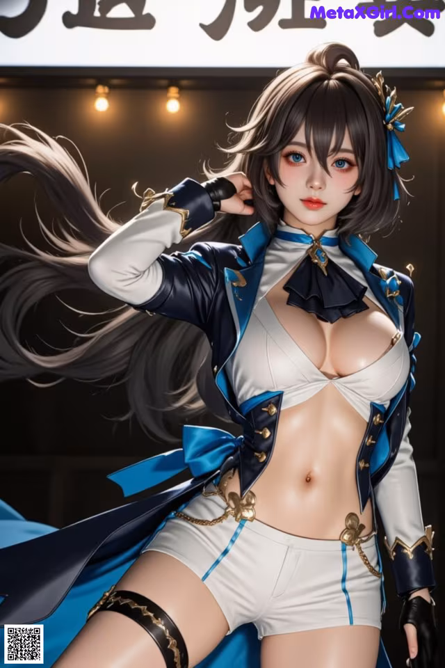 A woman in a blue and white outfit posing for a picture.