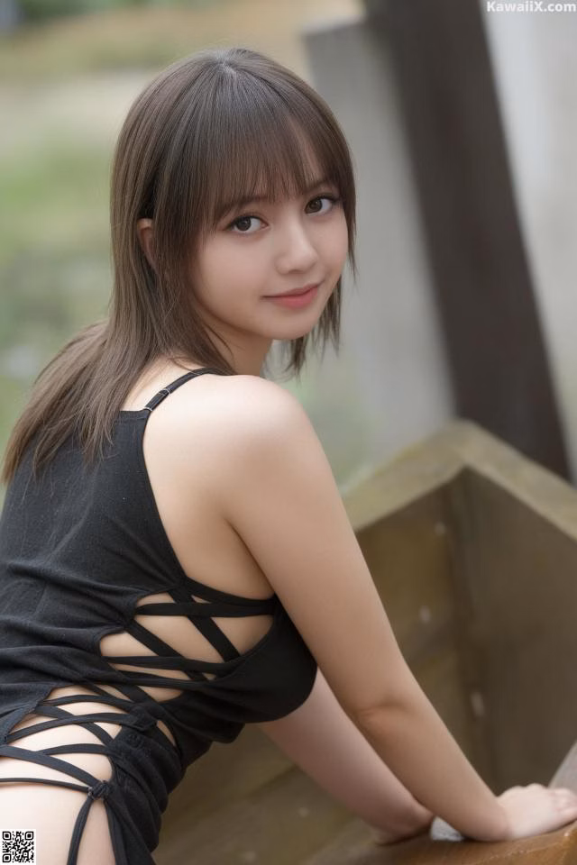 A woman in a black dress posing for a picture.