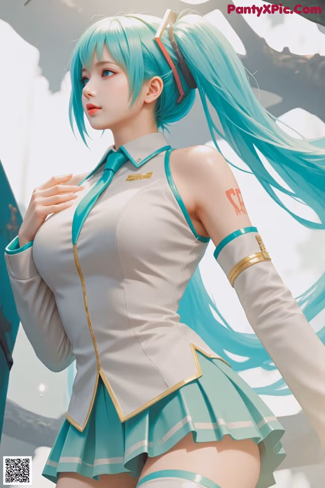 A woman with long green hair wearing a white shirt and green skirt.