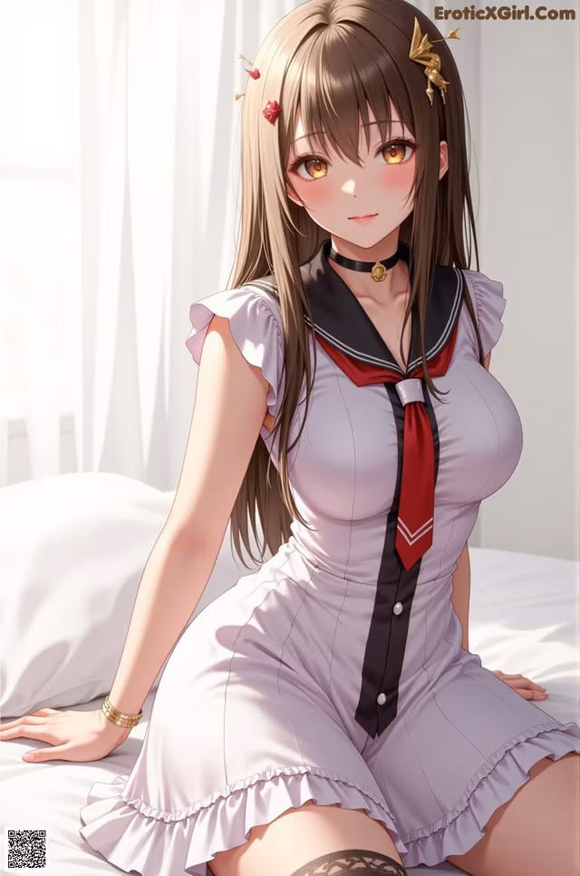 A woman in a school uniform sitting on a bed.