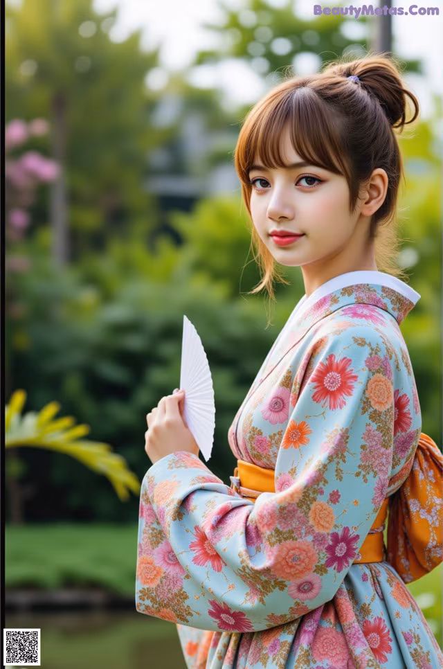 A woman in a kimono holding a fan in her hand.