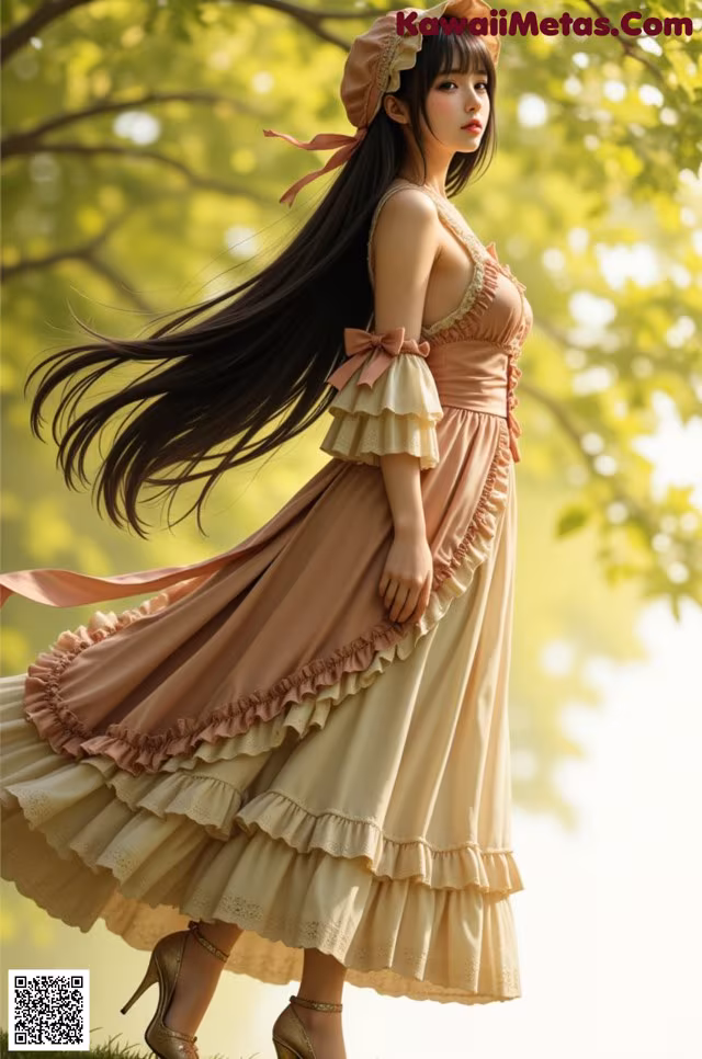 A woman in a long dress and hat standing in the grass.