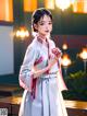 A woman in a white kimono standing in front of a table.