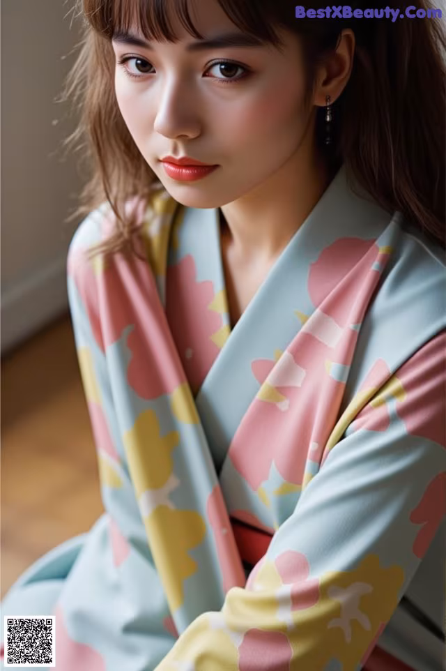 a woman wearing a pink and yellow kimono