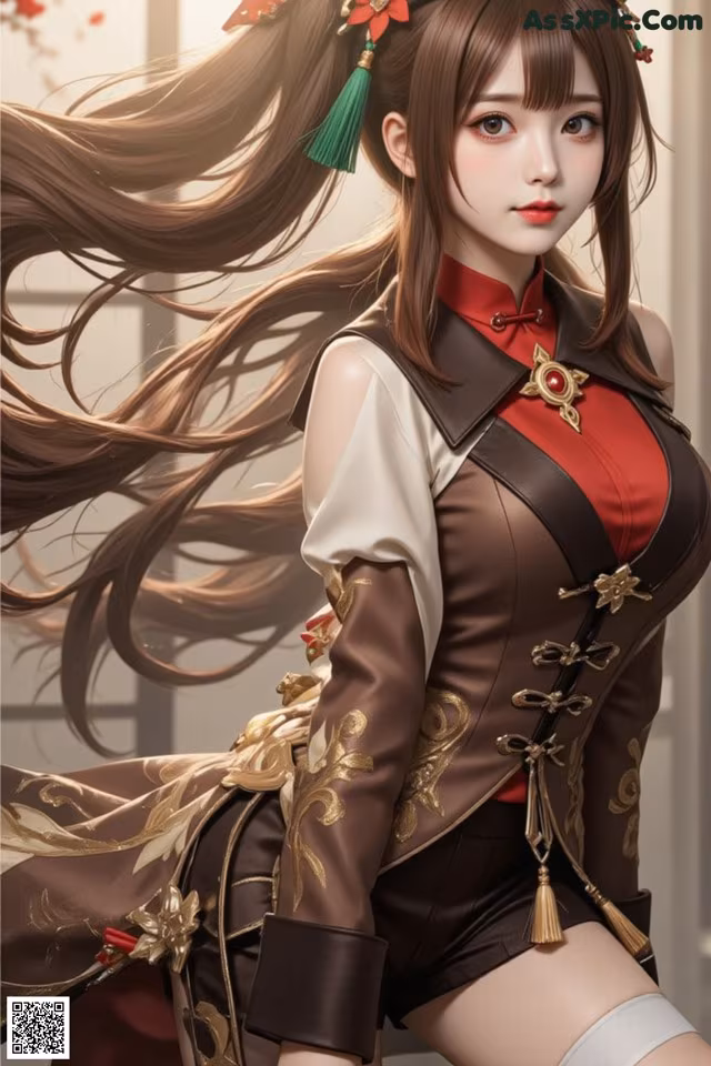 A woman with long brown hair wearing a brown and red outfit.